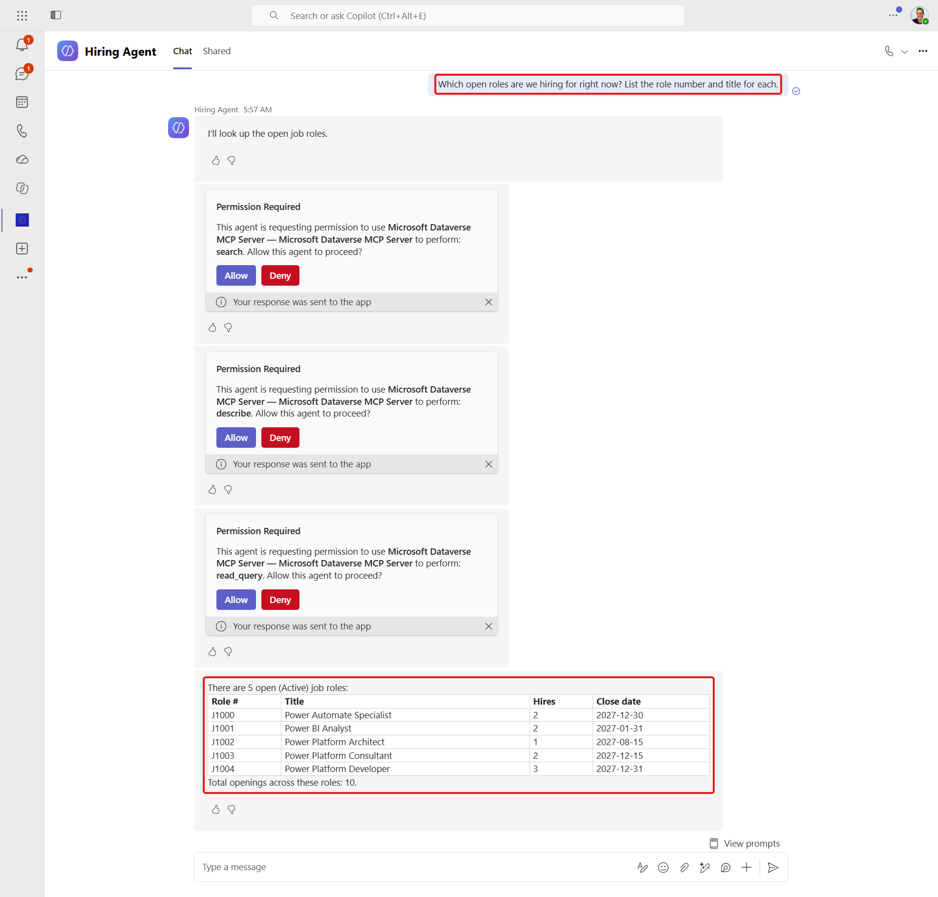 The published agent answering from Dataverse in Teams