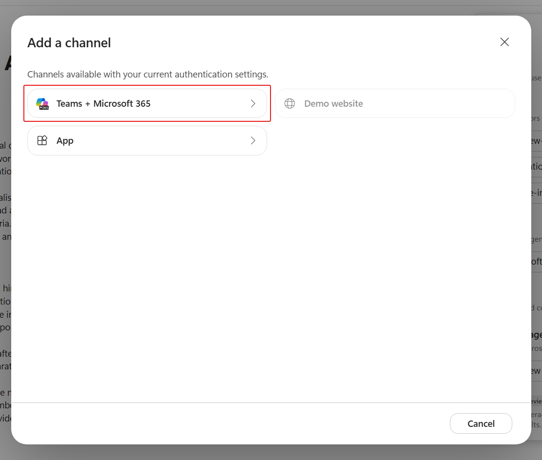 The Add a channel dialog listing the available channels