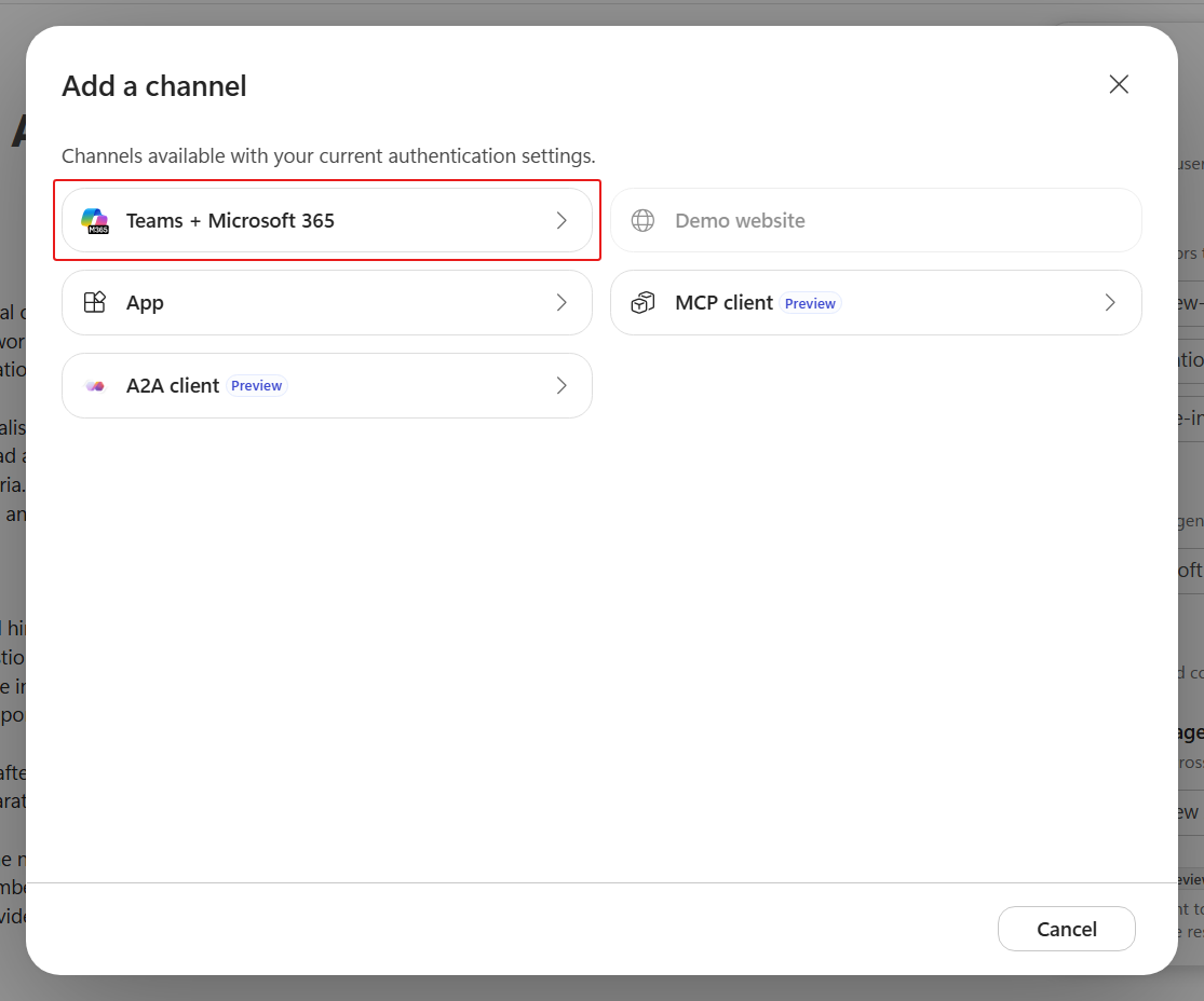 The Add a channel dialog listing the available channels