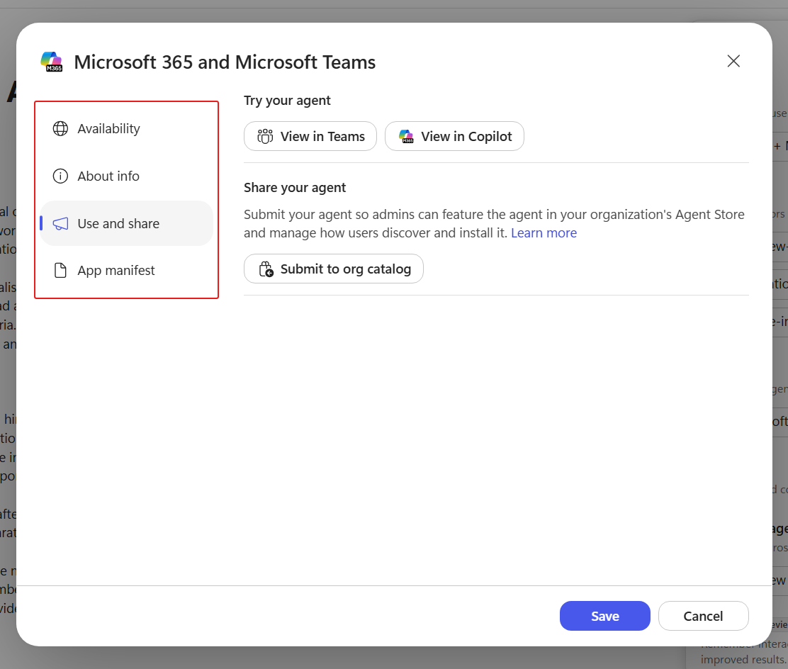 Published agent channel details dialog