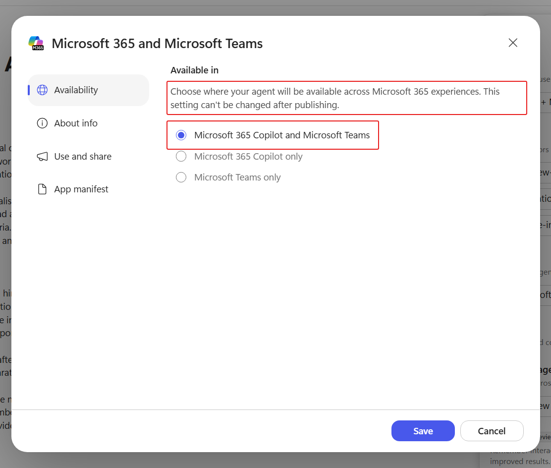 Teams and Microsoft 365 publication and Copilot availability enabled