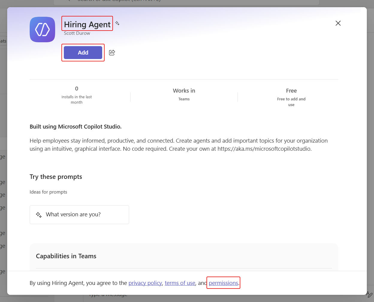 The Hiring Agent store card in Teams