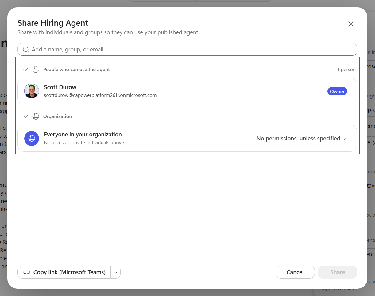 Share Hiring Agent access dialog