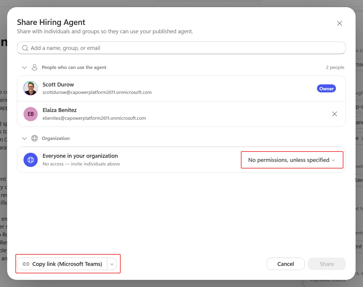 The sharing list with only the owner granted access