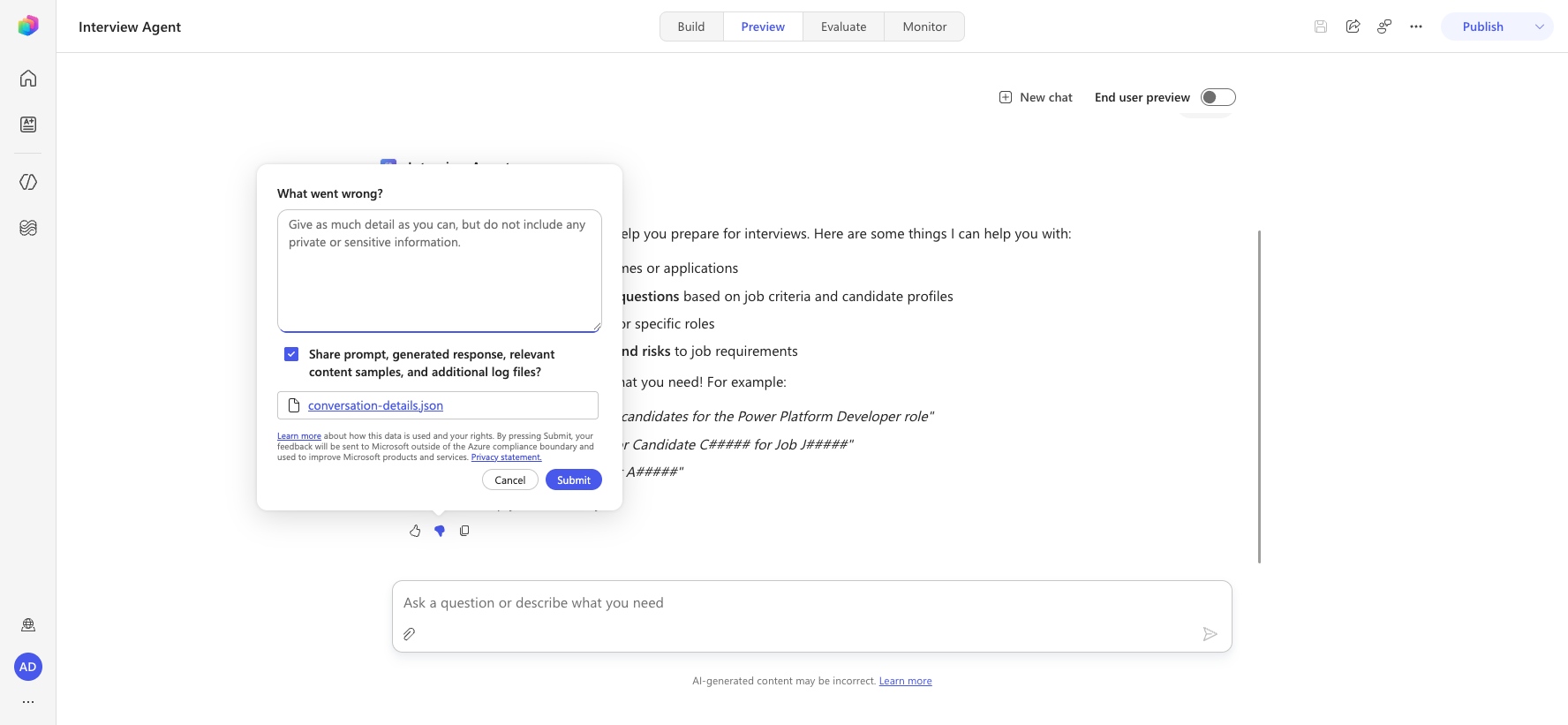 Built-in Dislike opens a What went wrong? comment panel in Preview