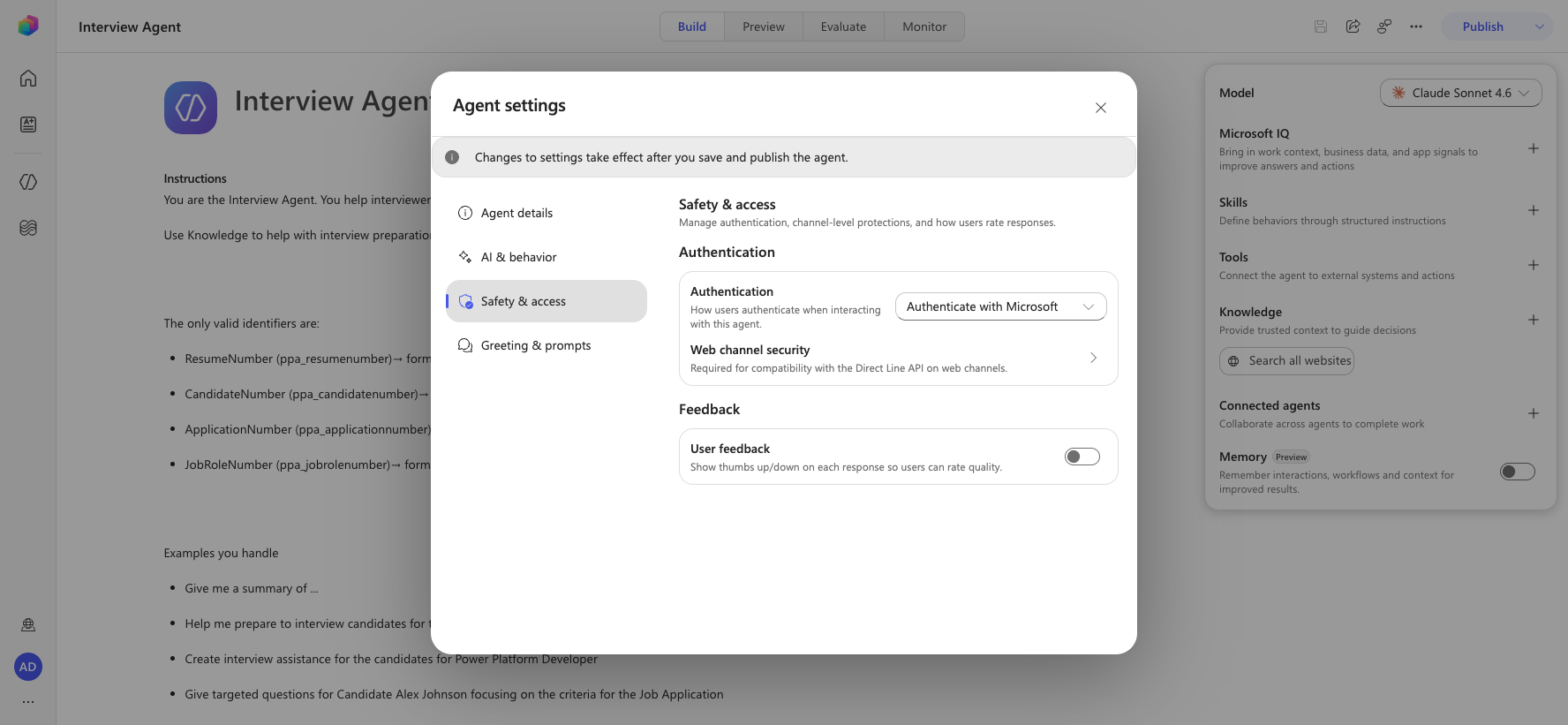 User feedback toggle on the Safety & access settings tab