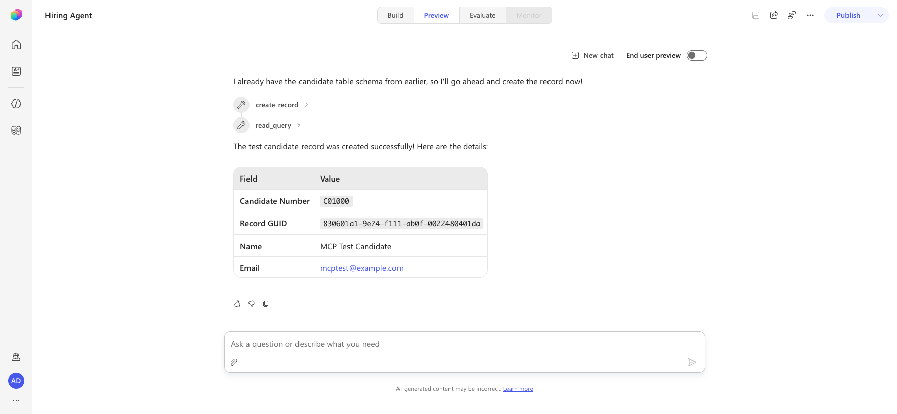 Job Application created via the Dataverse MCP create_record tool
