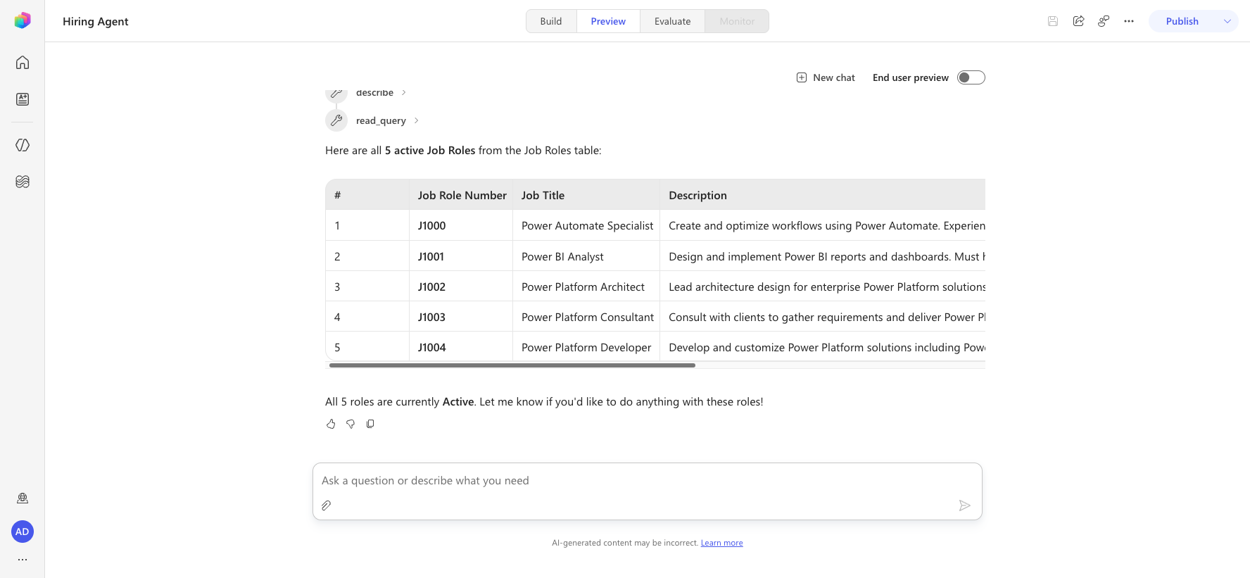 Dataverse MCP grounding — agent reads live Job Roles