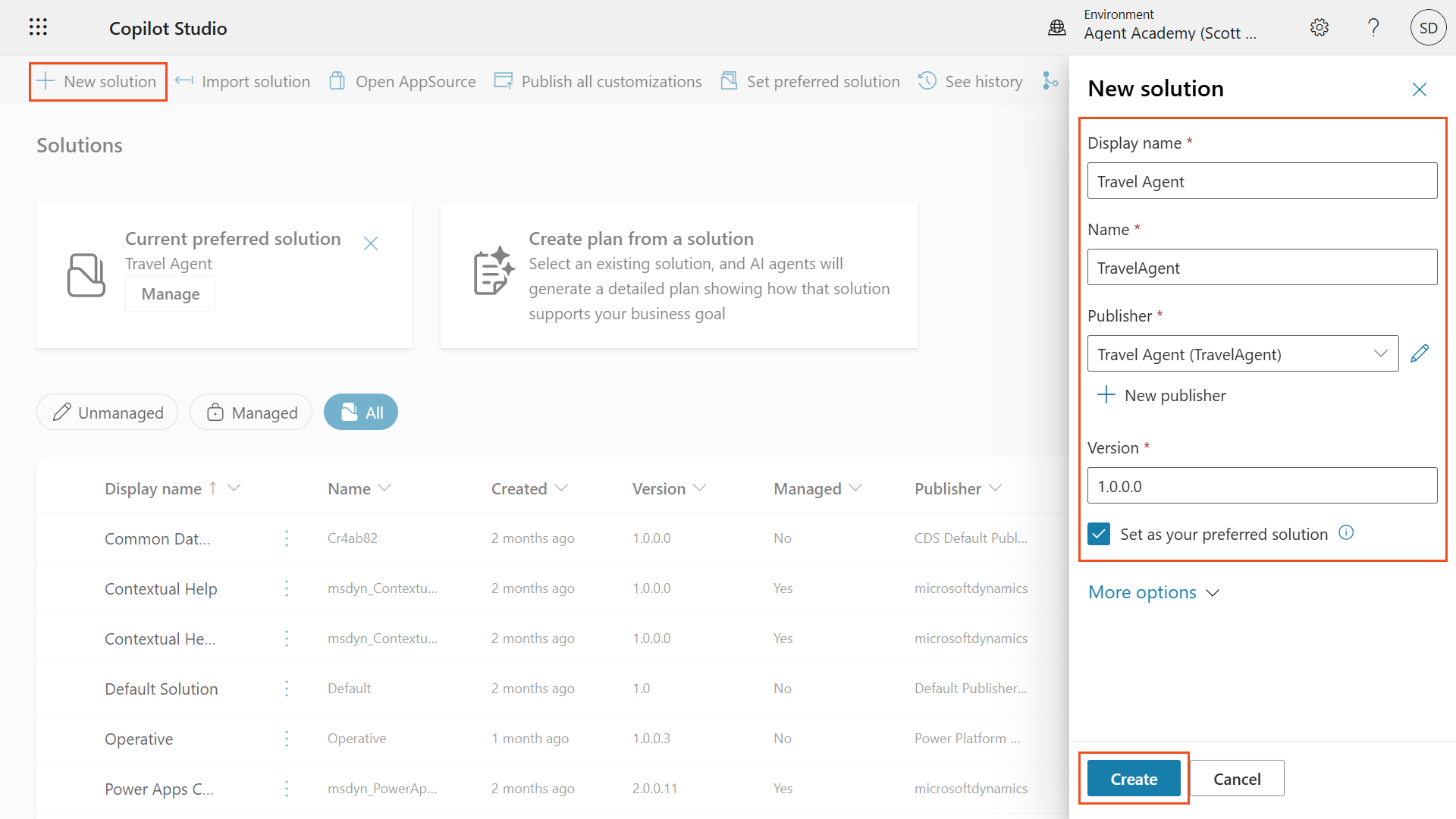 New solution dialog with Travel Agent settings