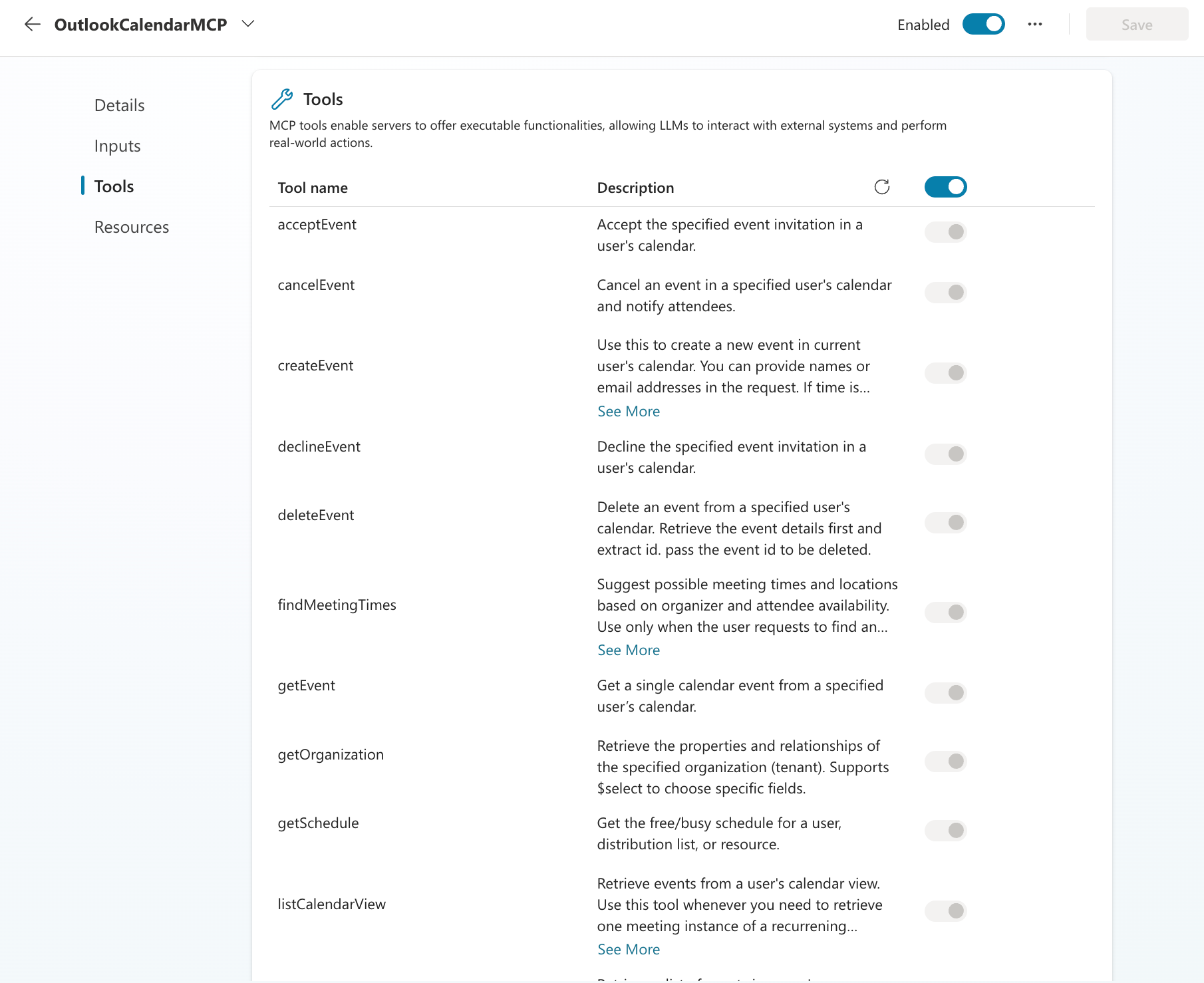 Microsoft Outlook Calendar MCP Server tools