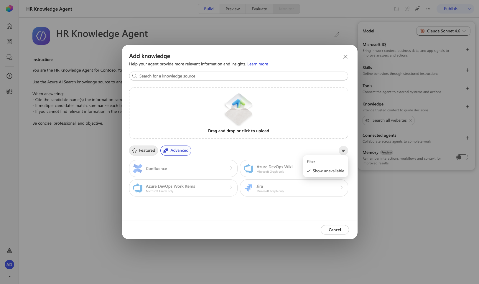 The Add knowledge dialog does not list Azure AI Search — searching "Azure" returns no results.
