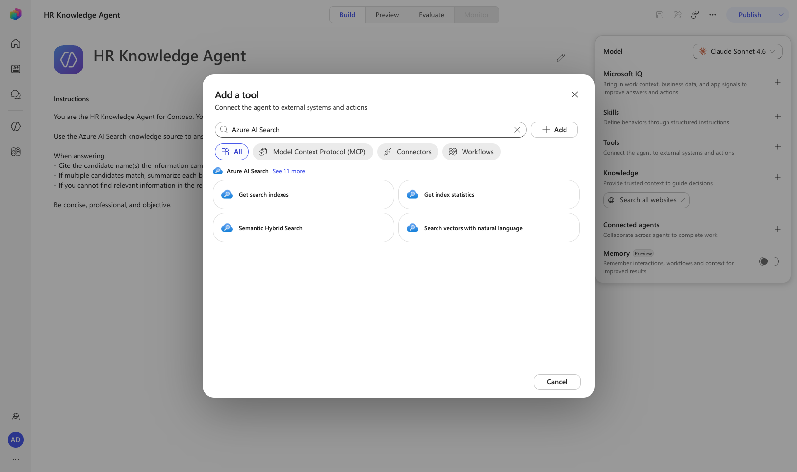 The Add a tool dialog showing the Azure AI Search connector and its retrieval actions.