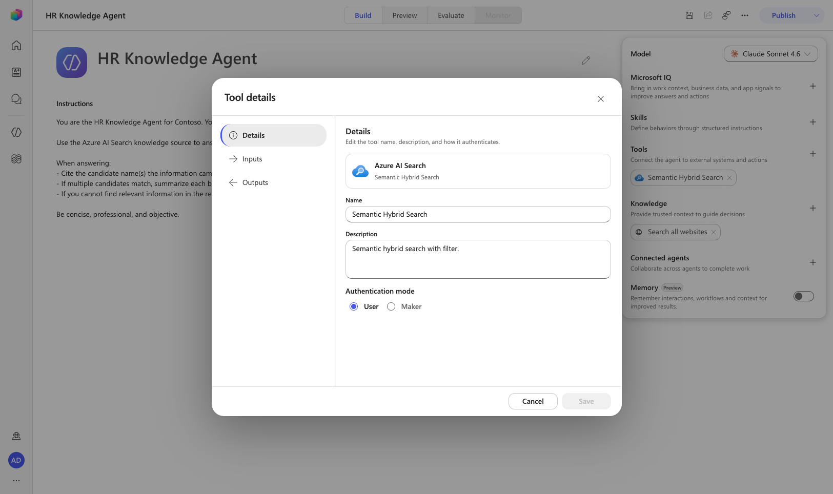 Tool details for the Azure AI Search Semantic Hybrid Search action, showing the Authentication mode options.