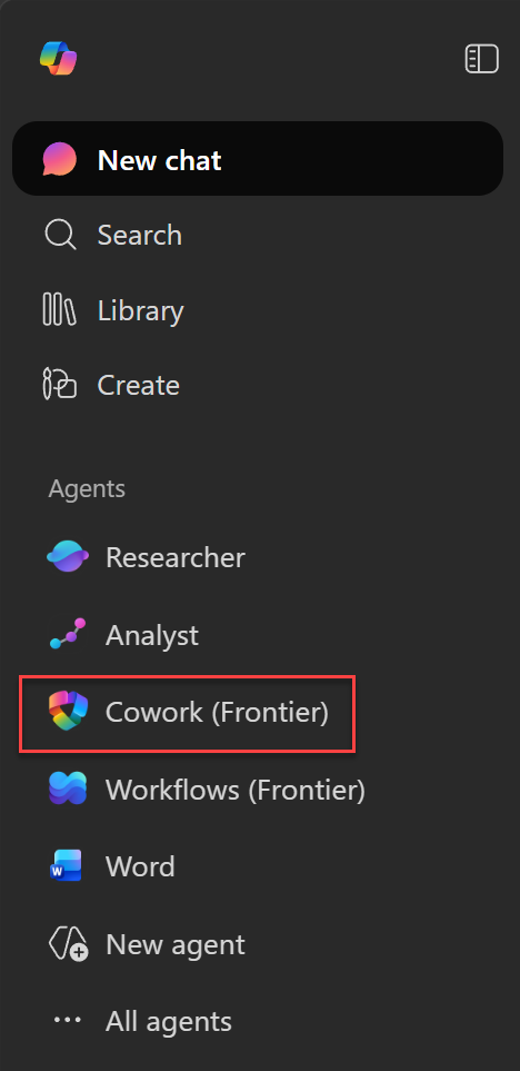 Microsoft 365 Copilot left sidebar showing Agents section with Cowork (Frontier) highlighted in a red box