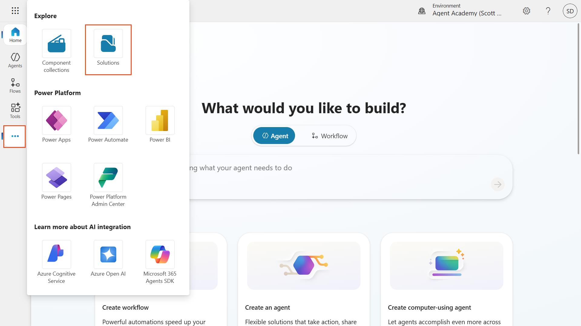 Solutions menu in left navigation