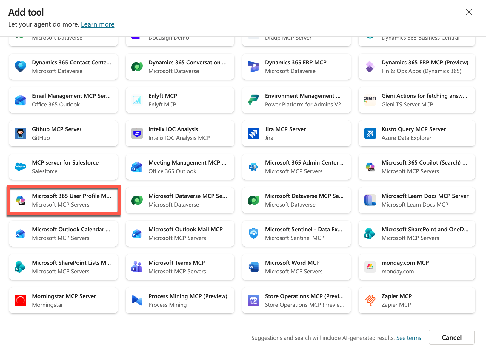 Select the User Profile MCP Server from the tools list