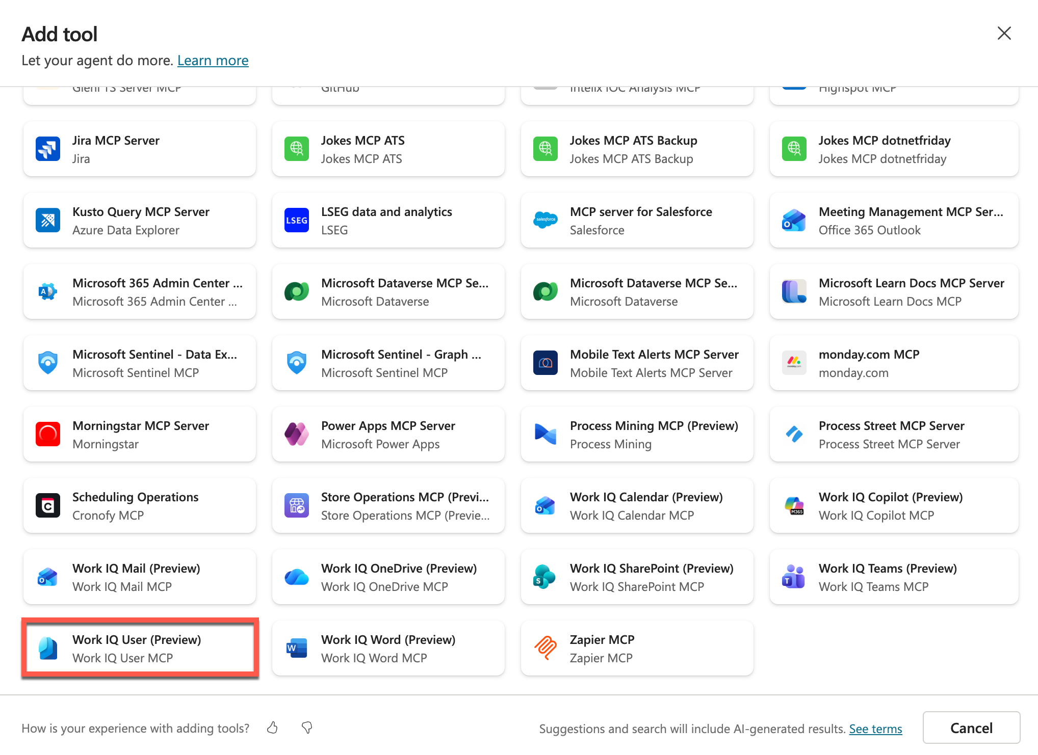 Select the Work IQ User (Preview) from the tools list