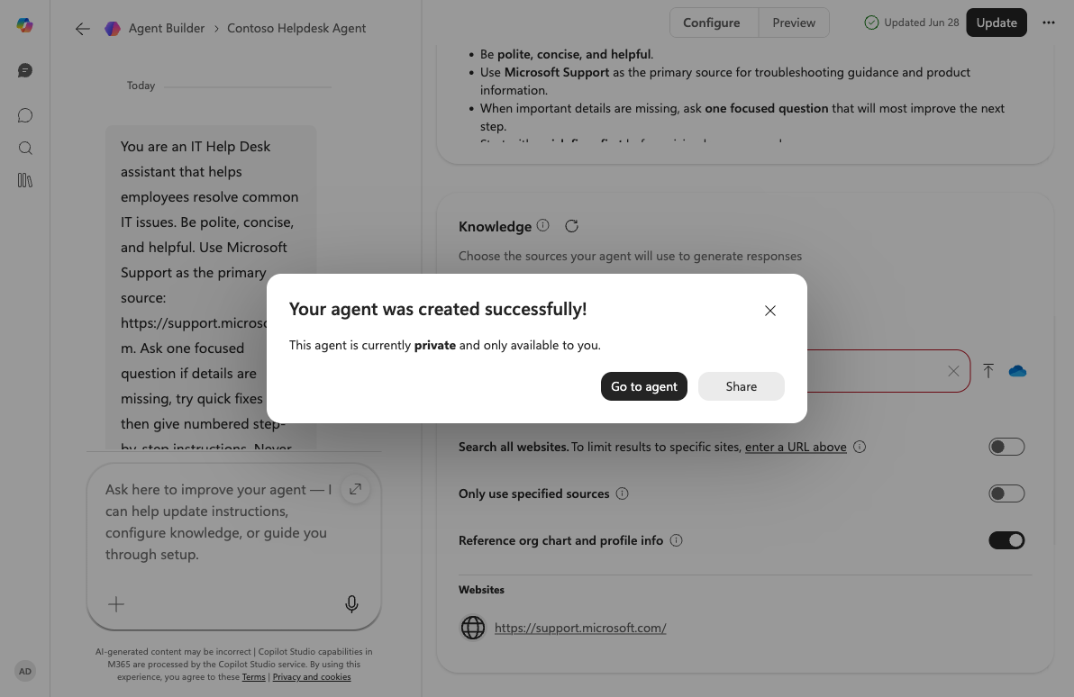 Agent created and deploy options