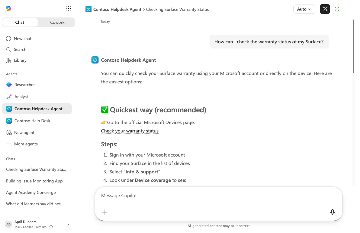 Agent test response with support links