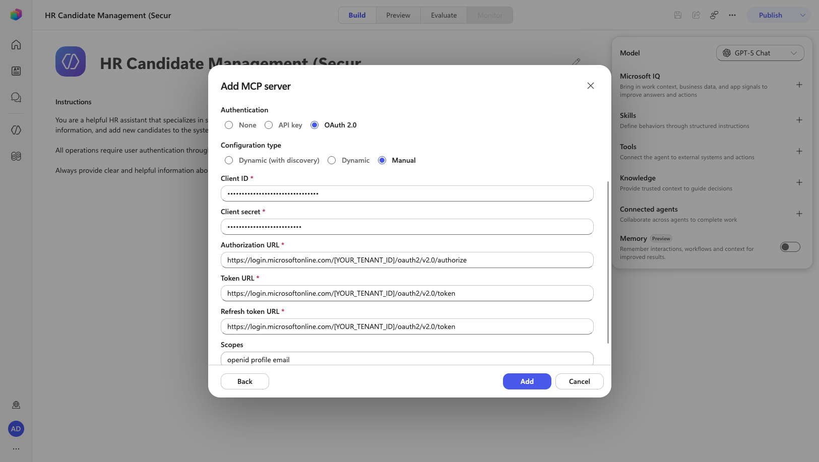 OAuth 2.0 Manual configuration