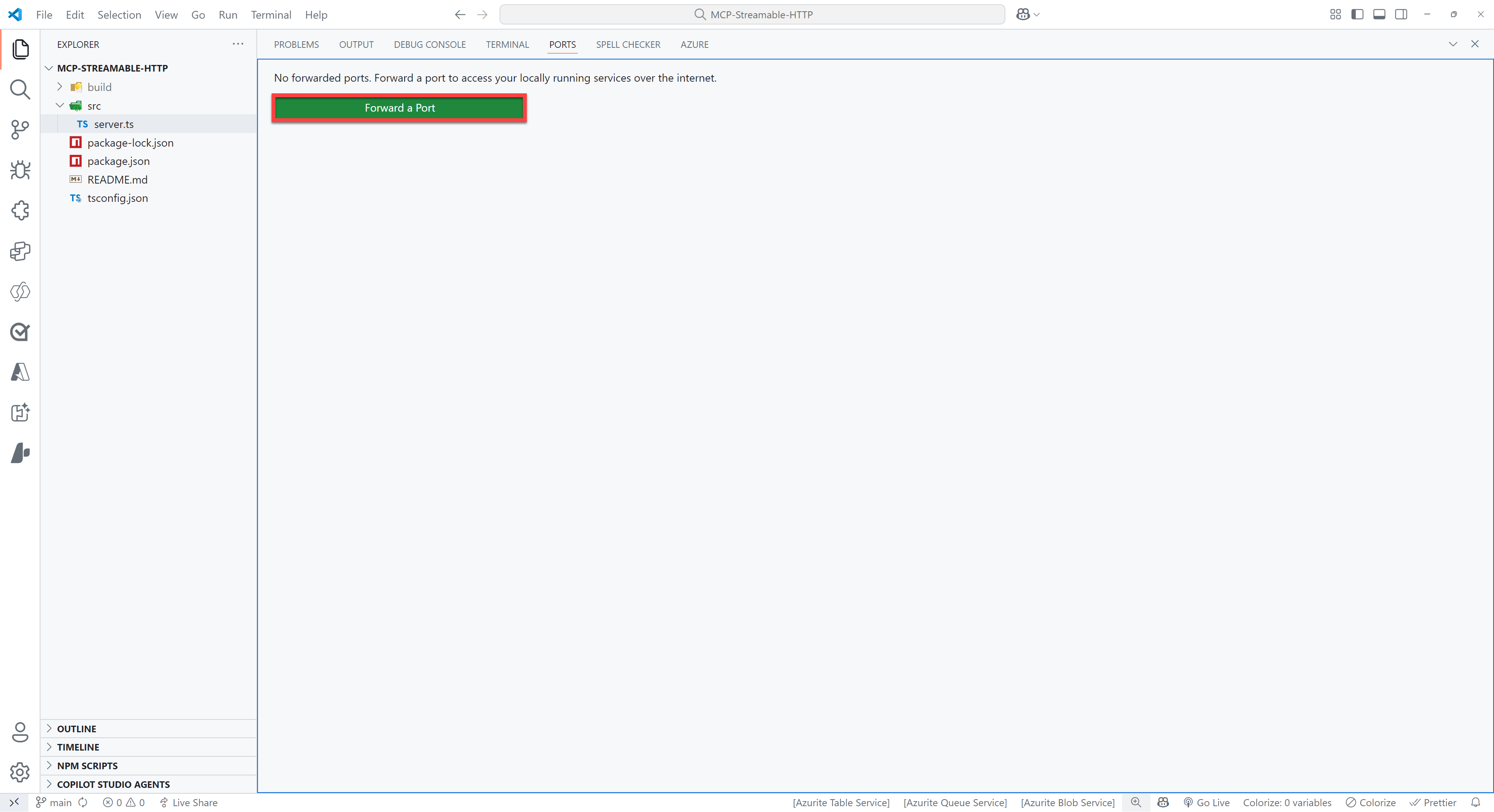 Image of VS Code where the PORTS tab is open and the green  button is highlighted