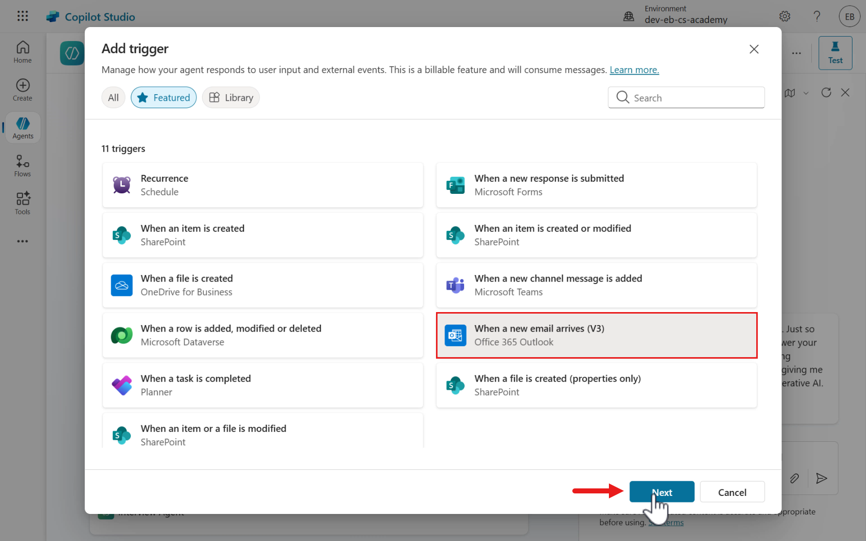 Select When a new email arrives (V3) trigger
