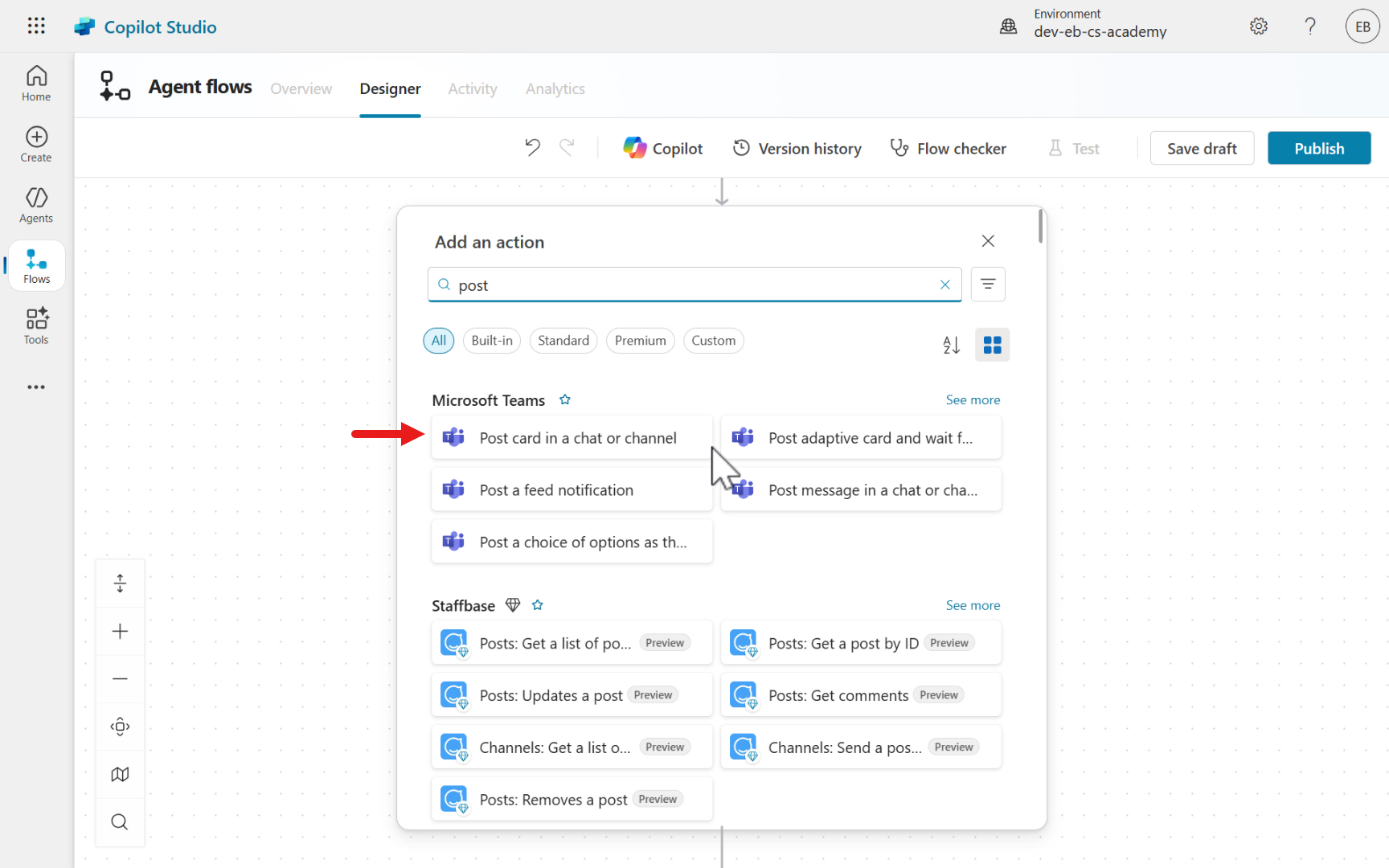 Select post card in a chat or channel action