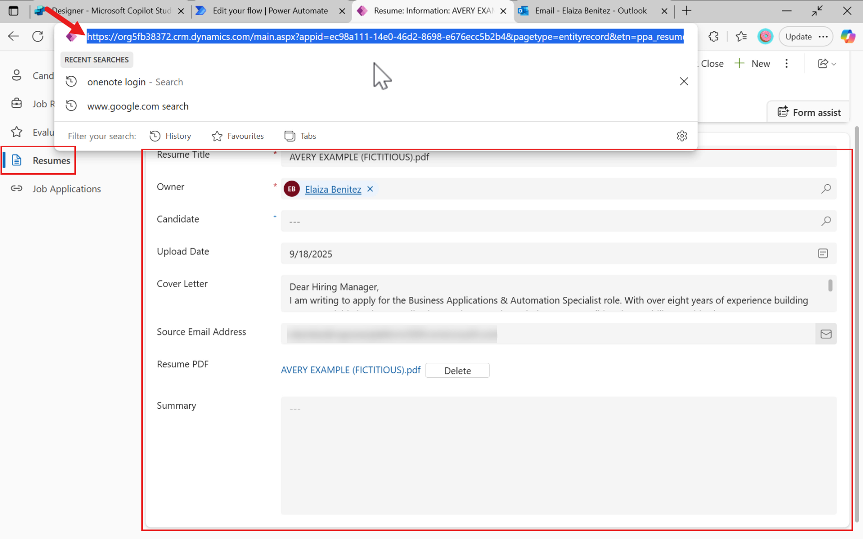 Copy Resume row URL