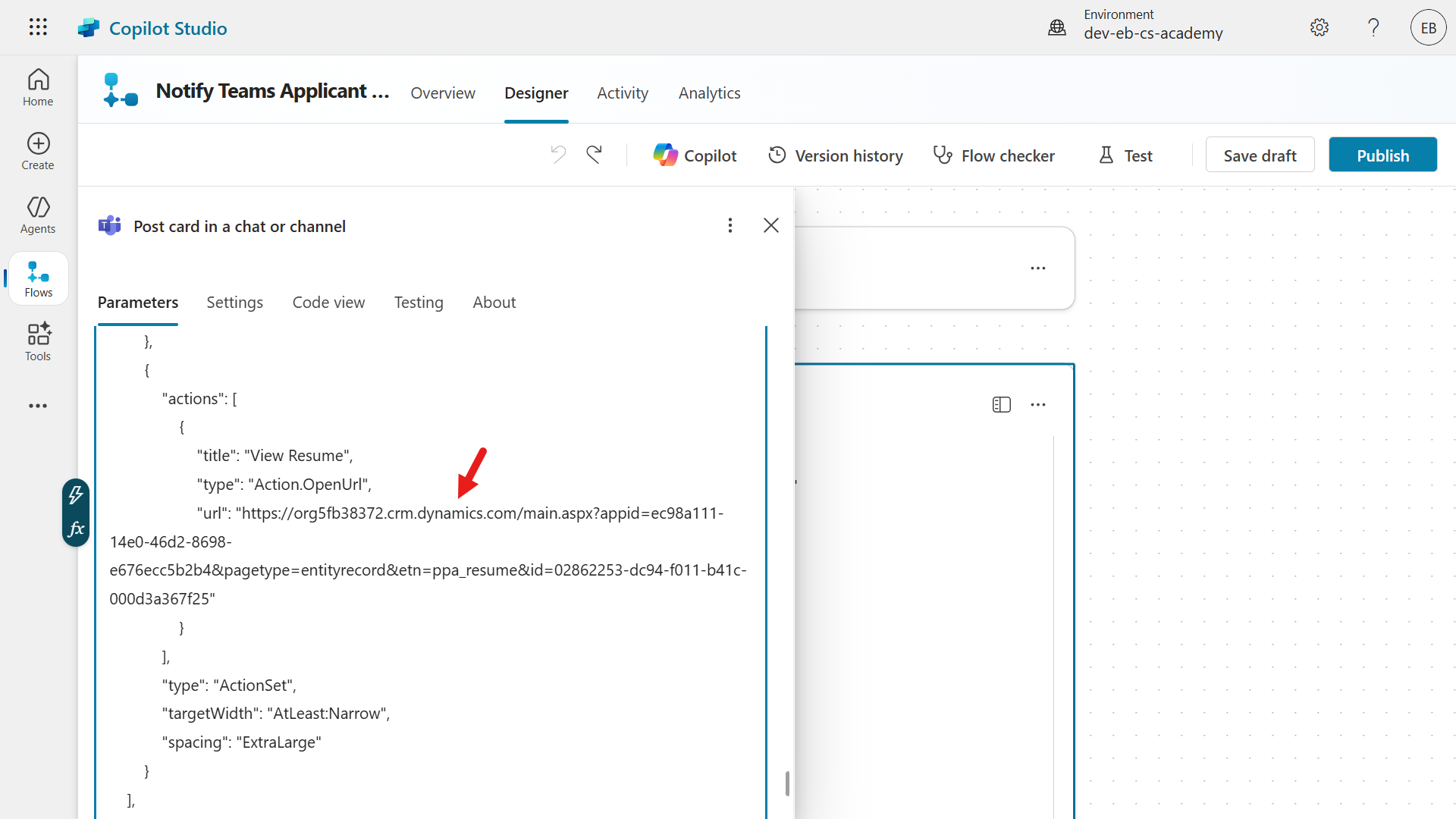 Paste the copied Resume row URL