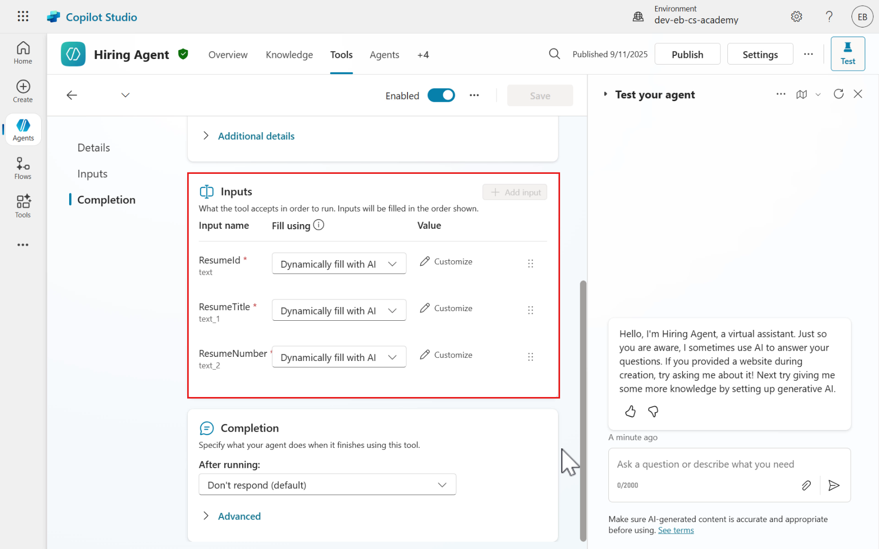 Tool agent flow inputs