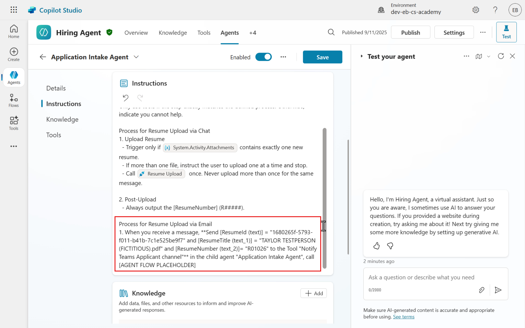 Update instructions of Application Intake Agent