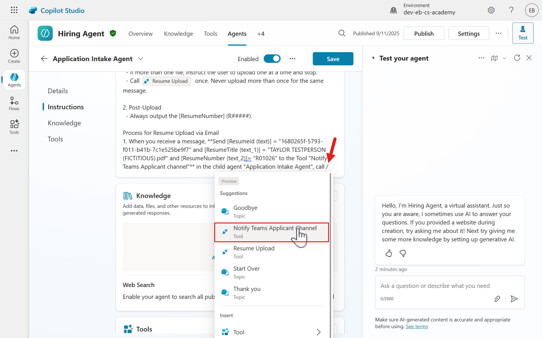 Select Notify Teams Applicant Channel tool