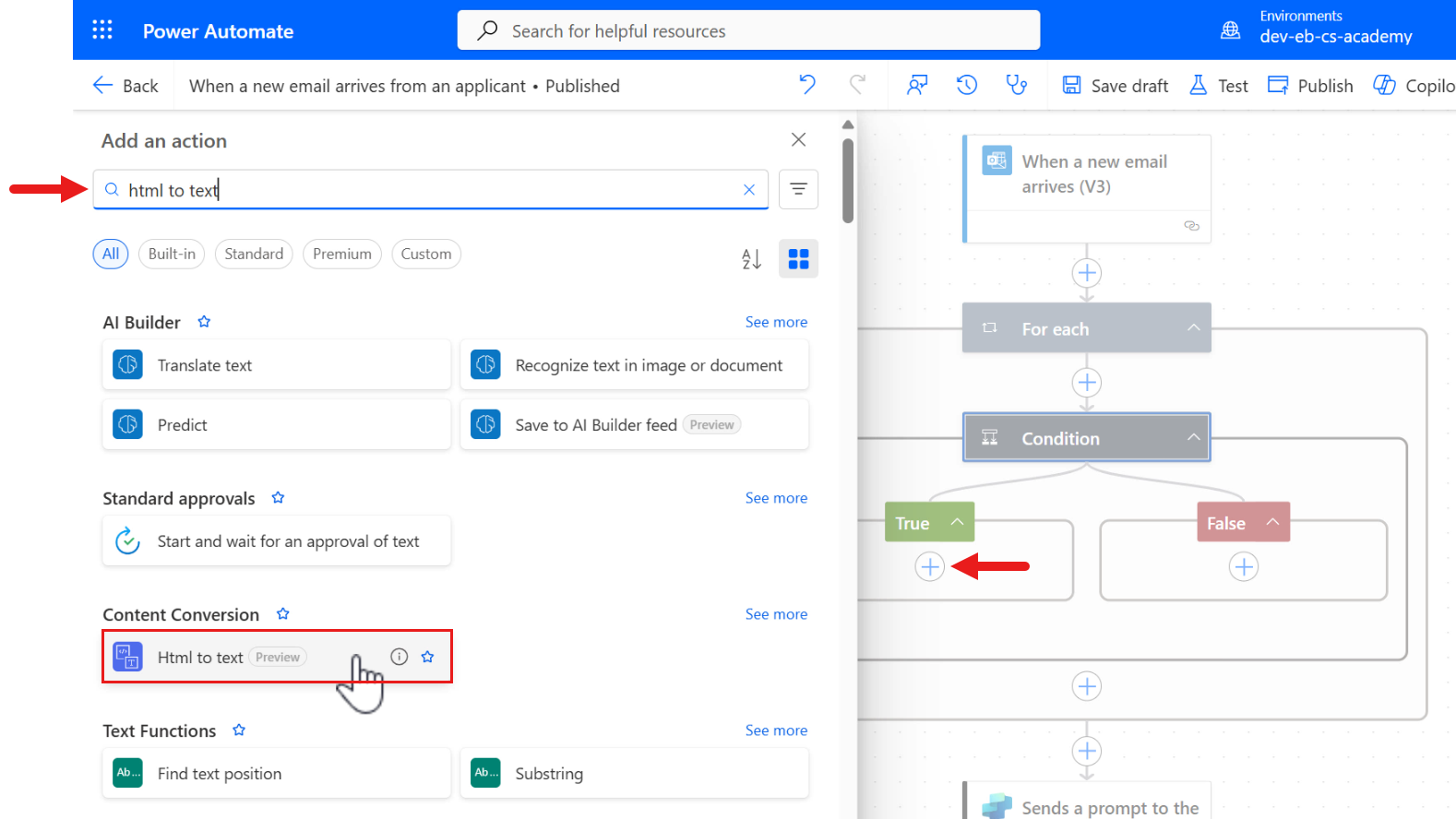 Add HTML to text action