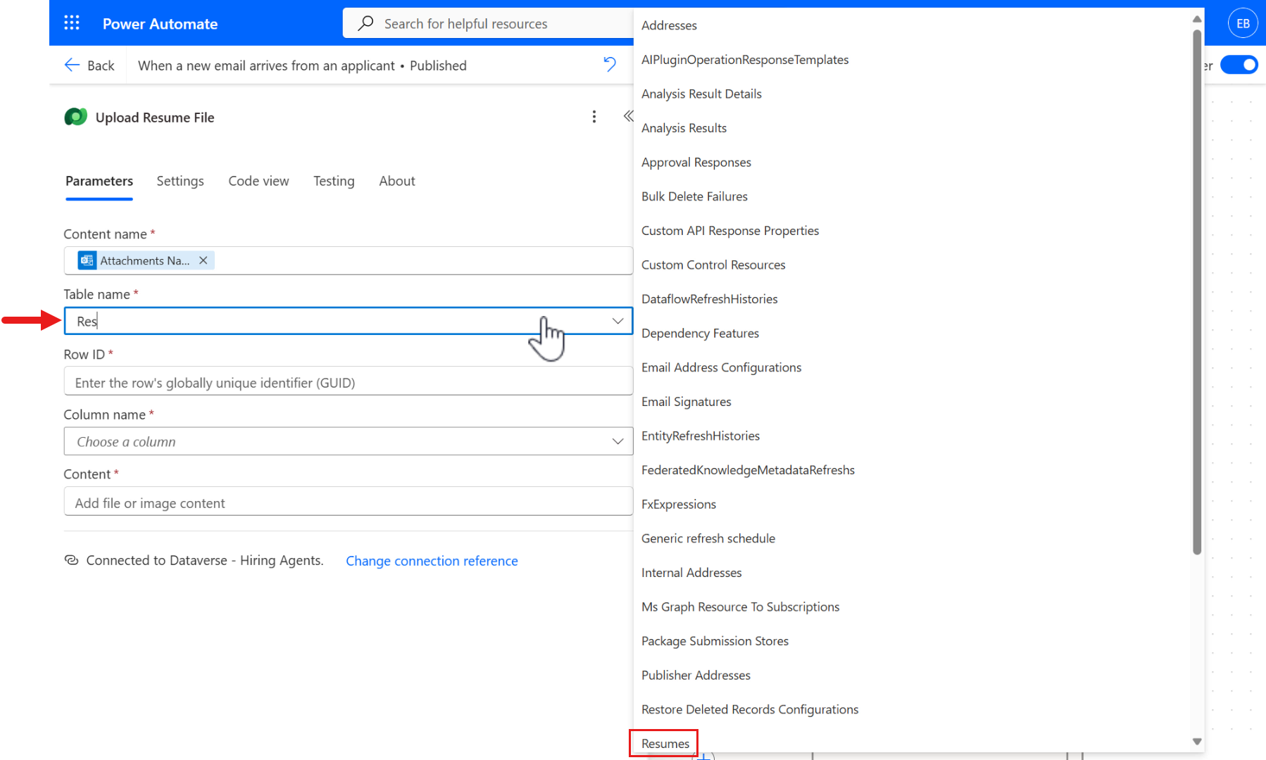 Configure Table name parameter