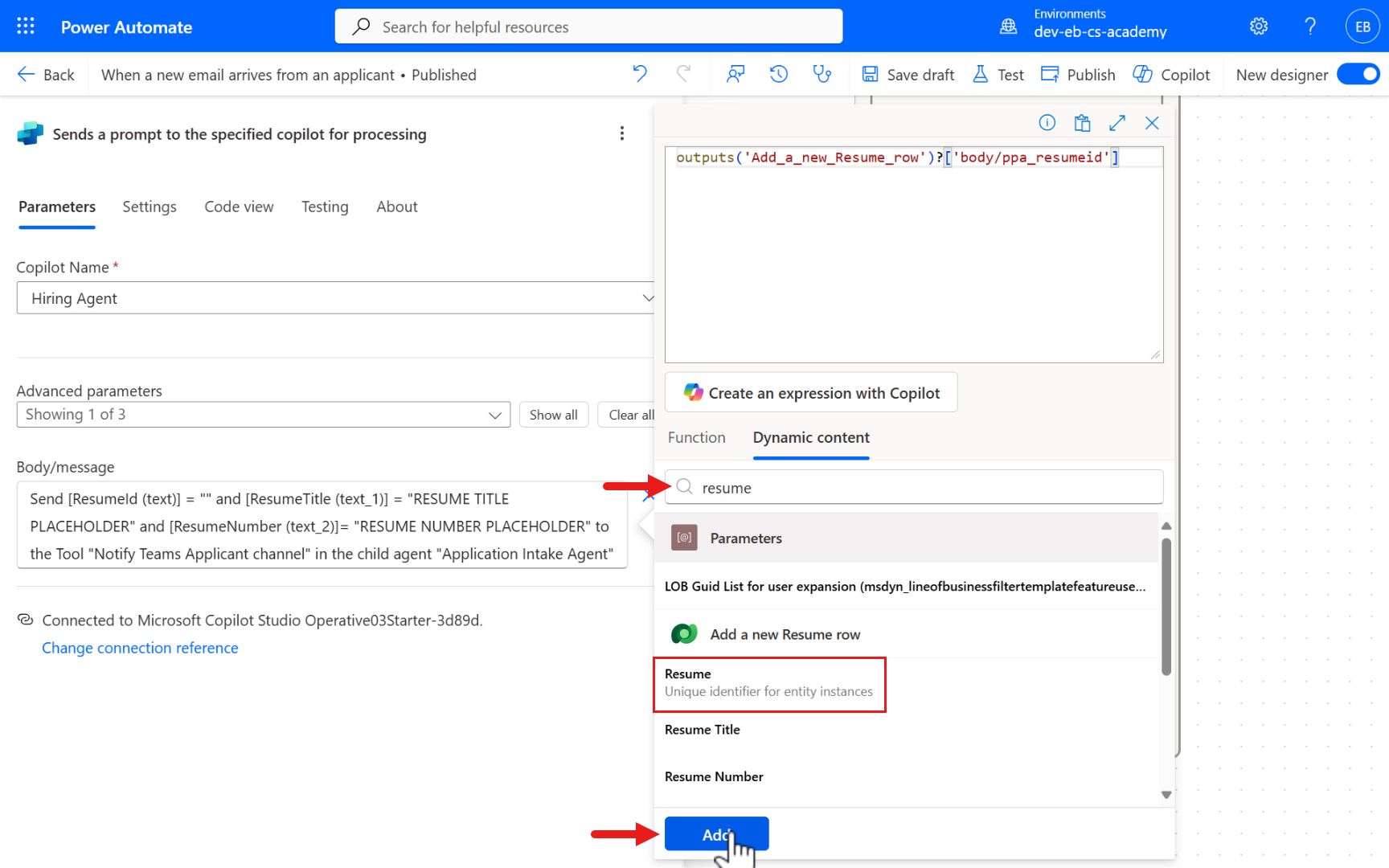 Select Resume parameter