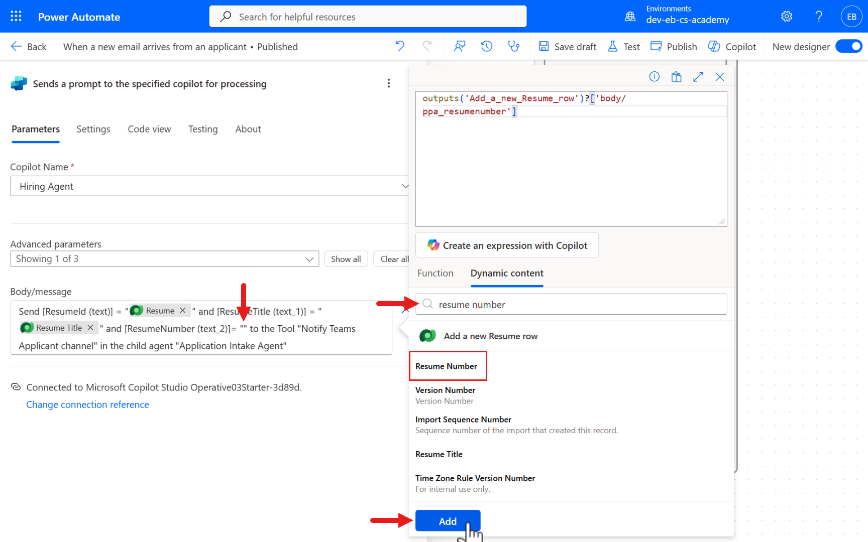 Select Resume parameter