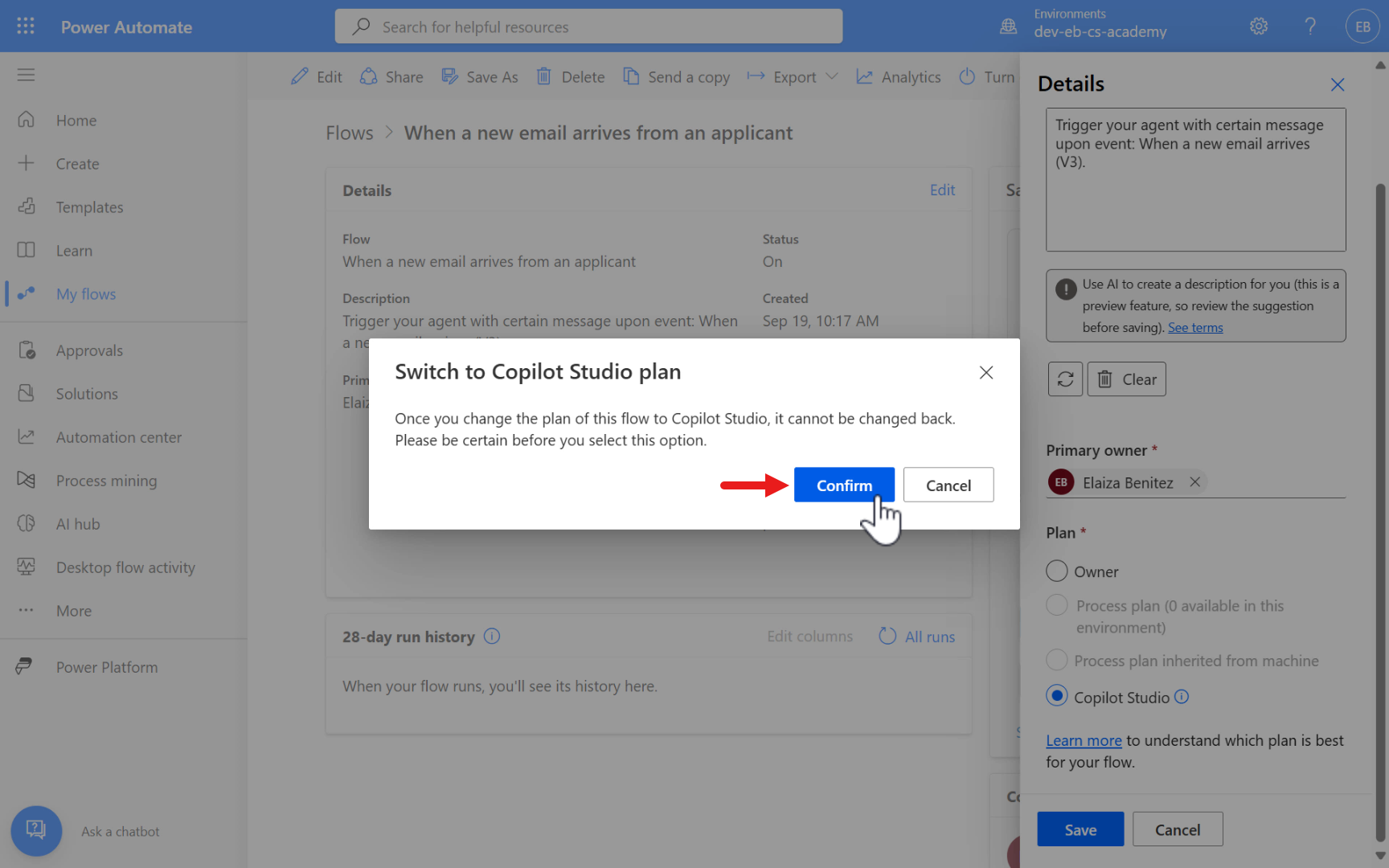 Confirm Copilot Studio plan change