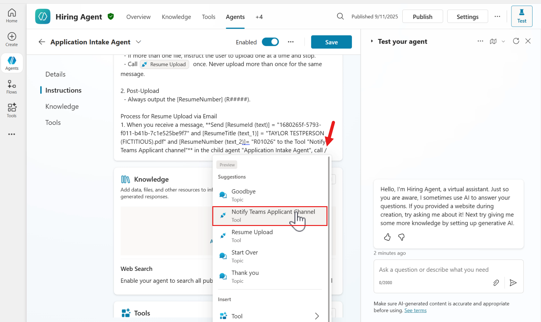 Select Notify Teams Applicant Channel tool