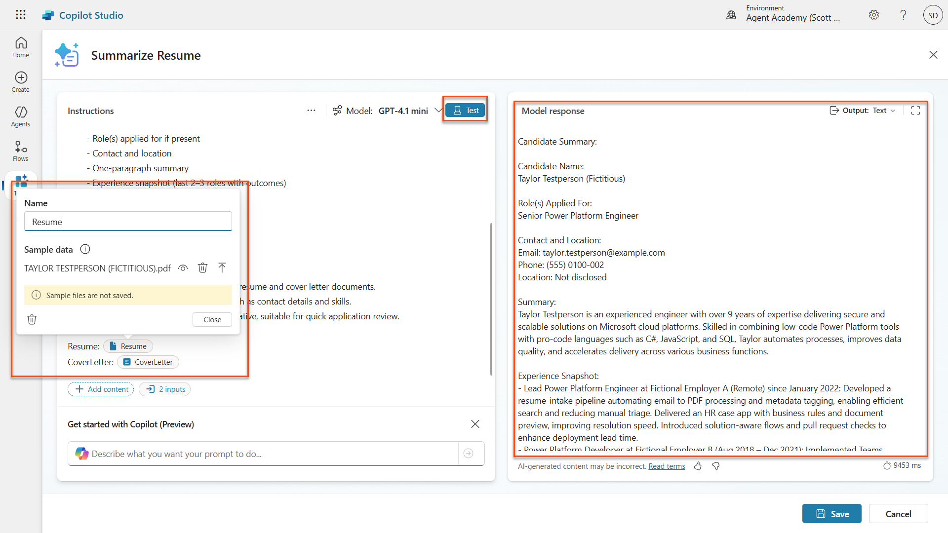 Set parameters and test
