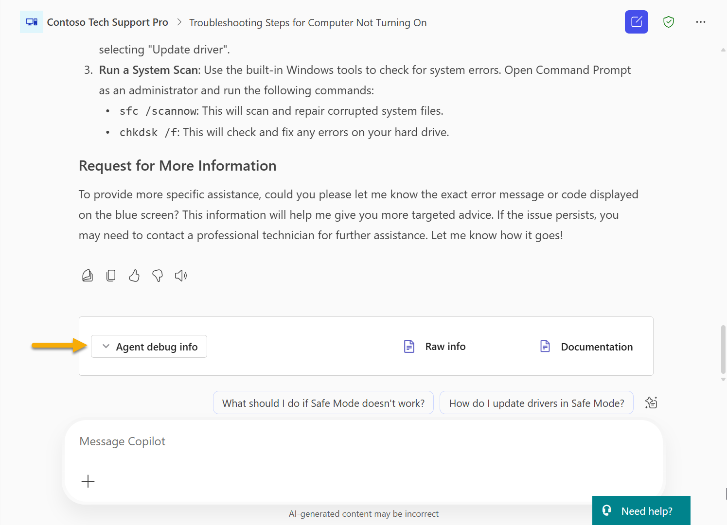Agent debug info