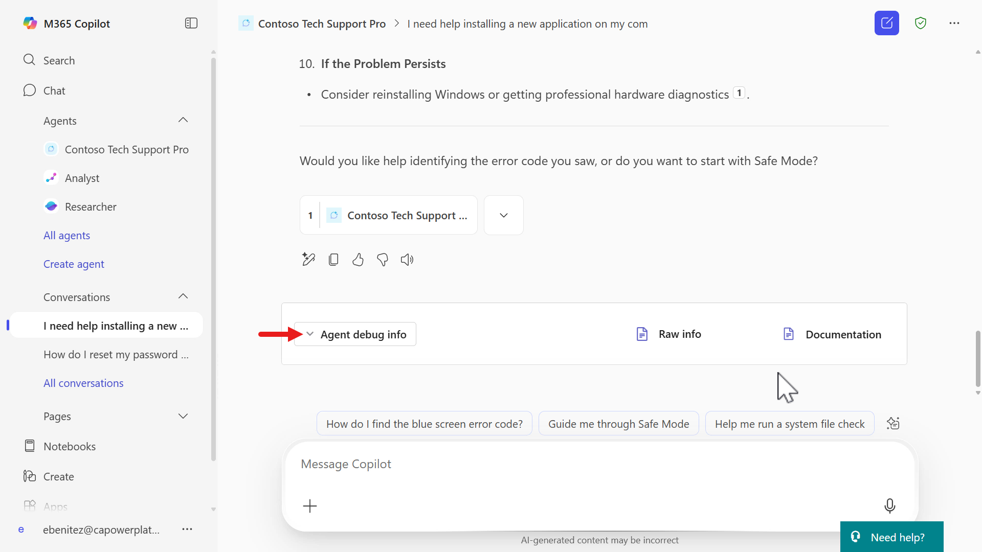 Agent debug info
