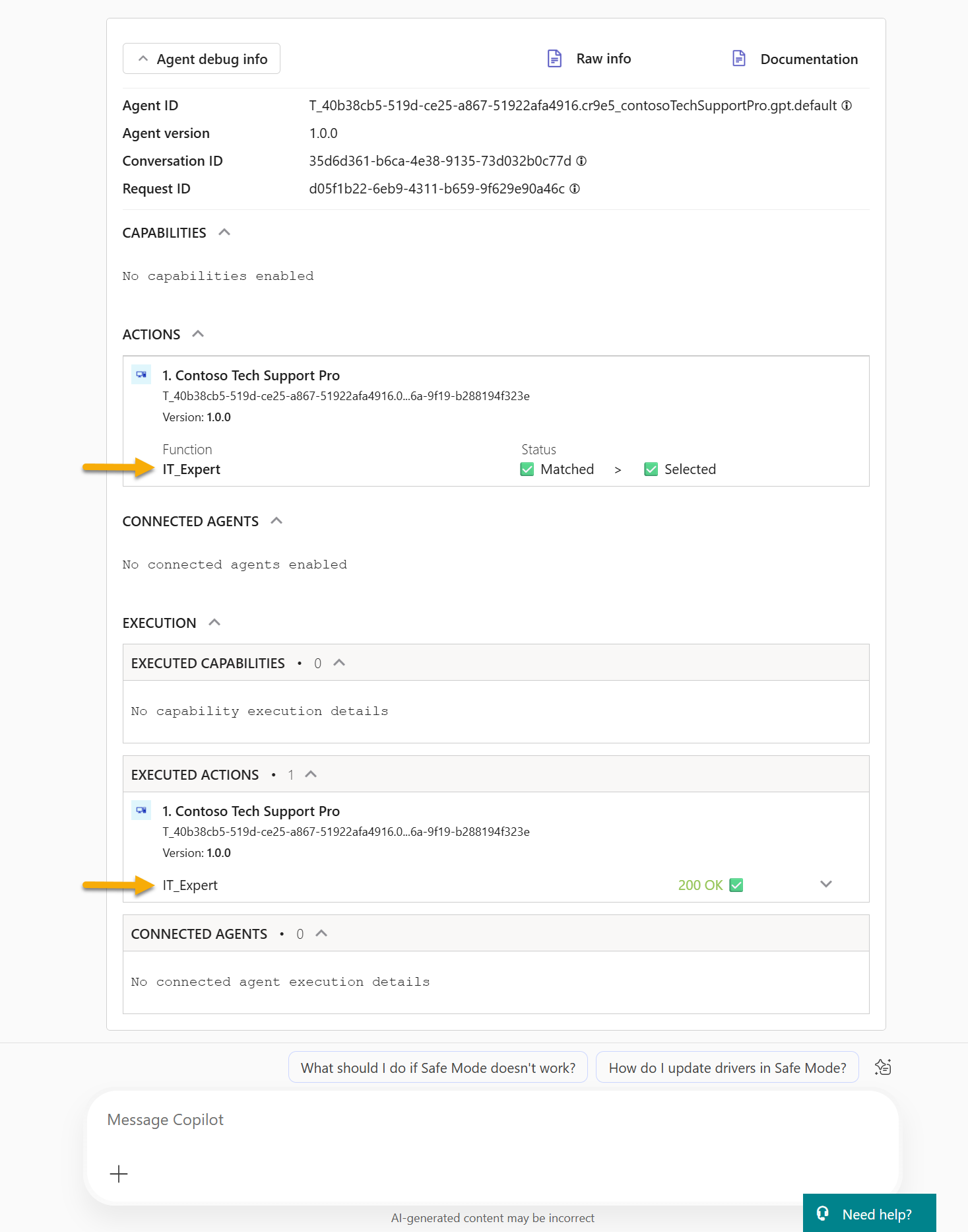 Review agent debug info