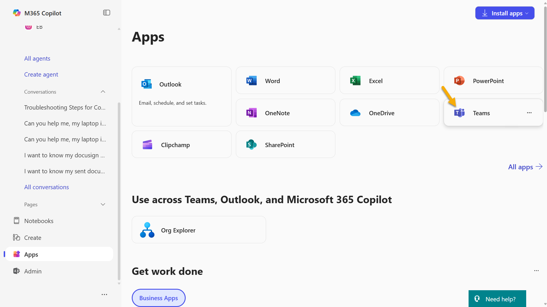 Select Teams in Apps