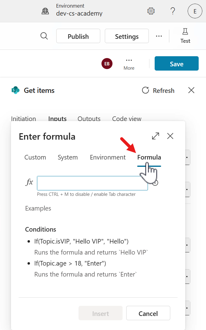 Select Formula tab