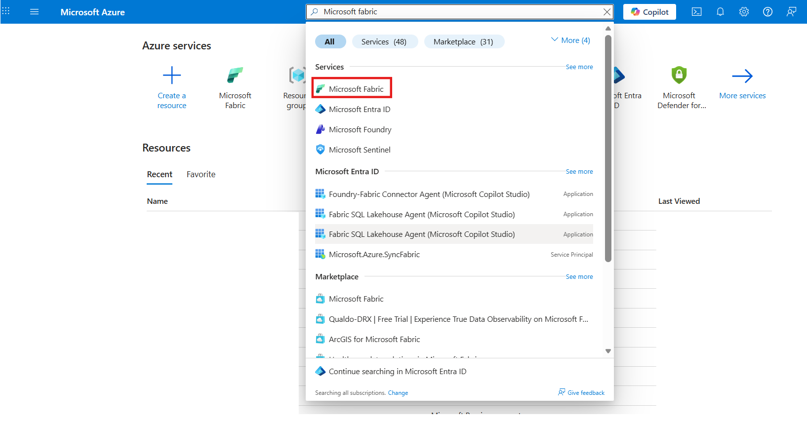 Search for Microsoft Fabric in the Azure Portal