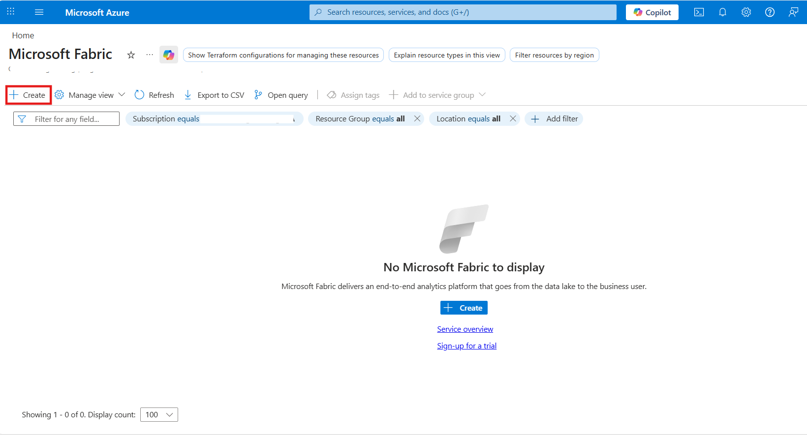Click Create on the Microsoft Fabric page
