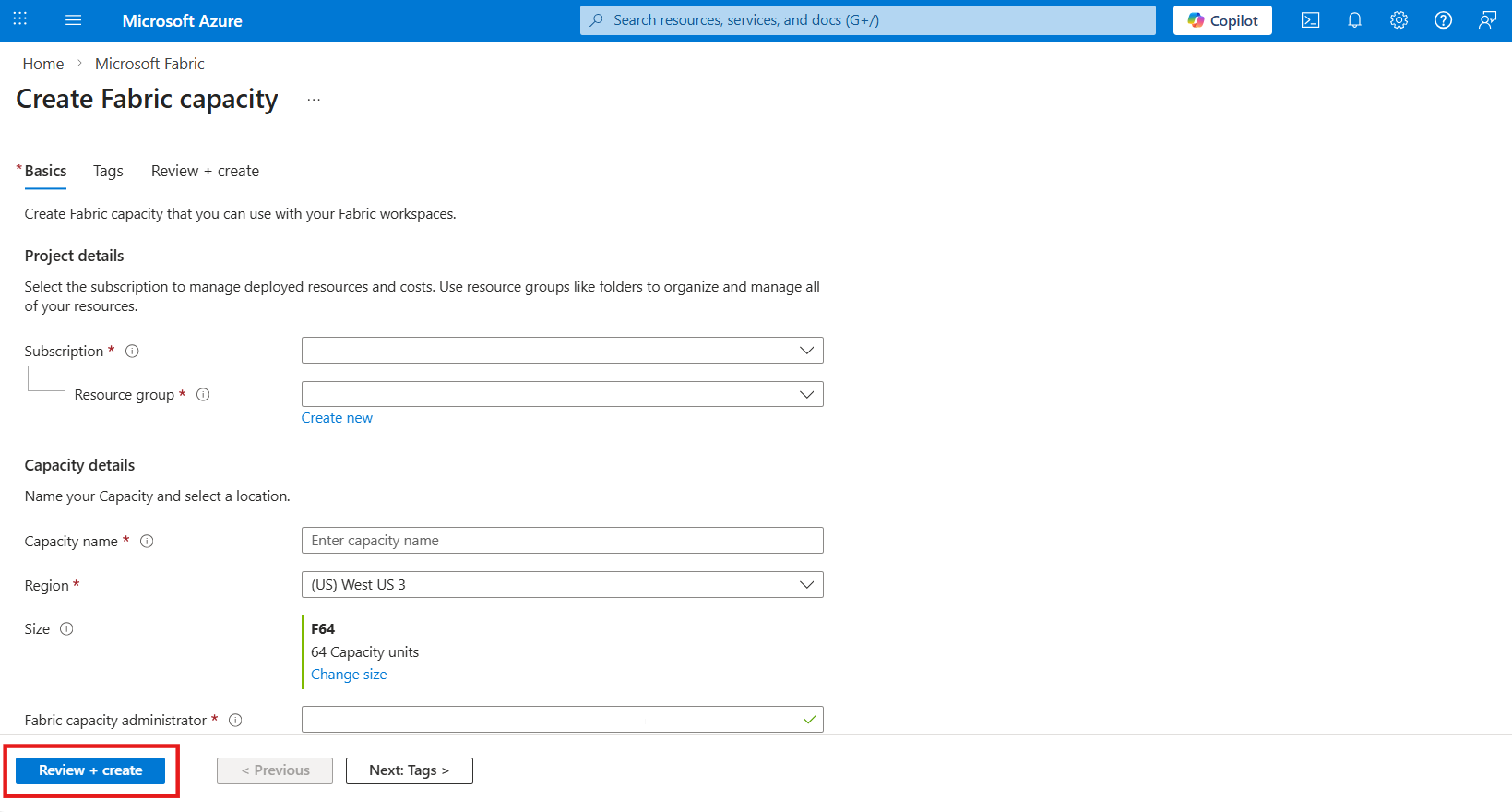 Review and create the Fabric capacity