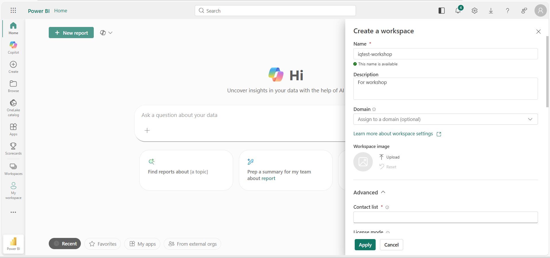 Enter workspace name and description
