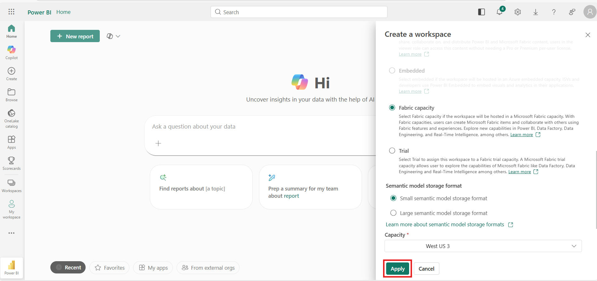 Click Apply to create workspace