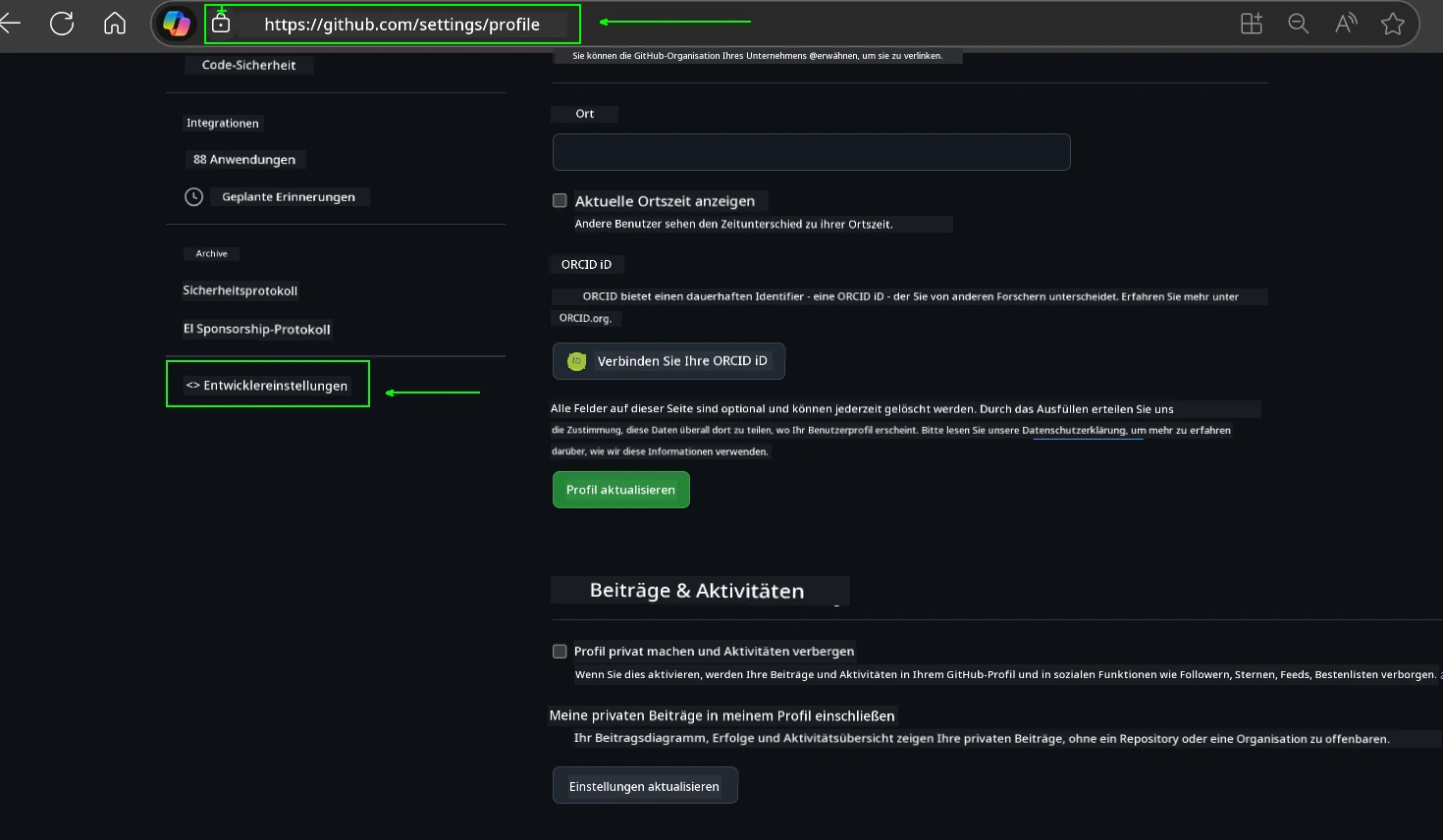 Entwicklereinstellungen